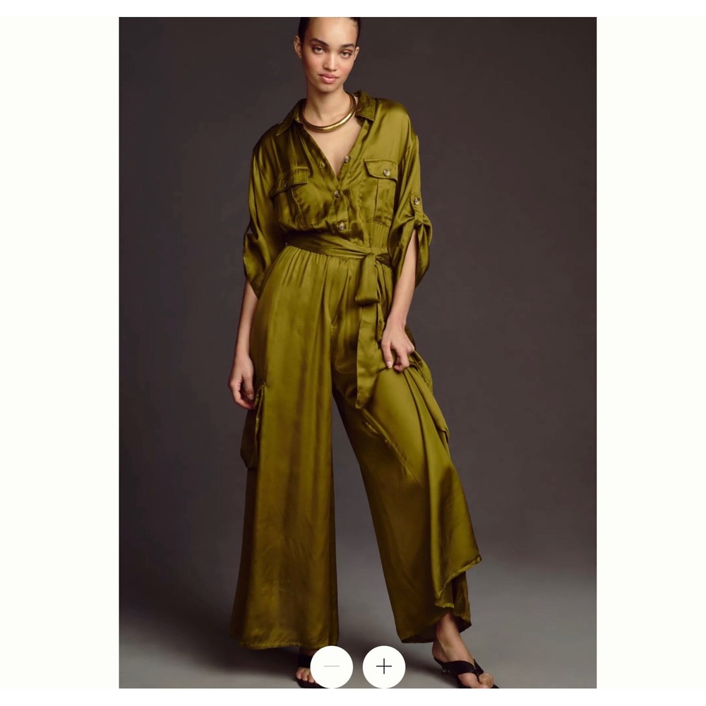 Anthropologie Medium Green Silky Wide Leg Cargo Jumpsuit Boho Modern Utility